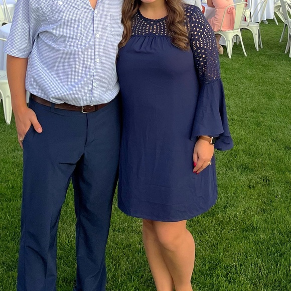 Navy Blue Embellished Bell Sleeve Knee-Length Dress - Picture 1 of 1